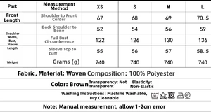 Detailed size chart and material guide for retro faux fur brown jacket for women