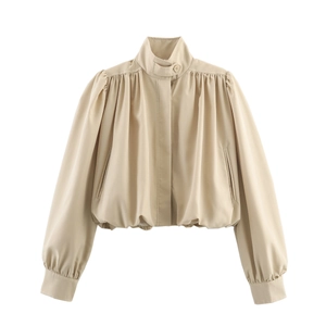 French Style Short Jacket Stand Collar Lantern Sleeve Pleated Hem Solid Color Elegant Outerwear For Women Apricot