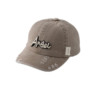 Retro khaki cotton baseball cap for kids with Angel embroidery and distressed brim