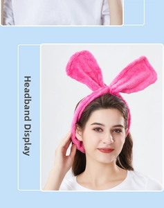 Pink coral fleece headband with rabbit ears for face washing and makeup routines