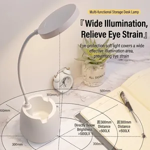 White LED desk lamp with flexible hose, storage base and eye-protection round light head