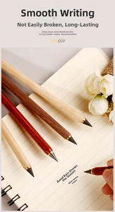 Detailed close-up of inkless wooden eternal pencil on a notebook showing smooth metal nib
