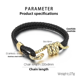 Detailed size parameters of cowhide leather bracelet with golden snake head clasp