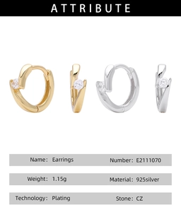 Macro detail of 925 silver hoop earrings with CZ zircon stones and product specifications