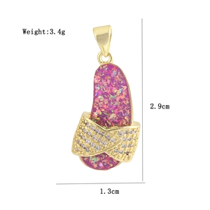 Detailed view of flip-flop pendant with purple glitter and white zircon pavé setting