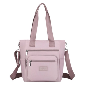 Lavender Oxford cloth handbag with multiple zipper pockets and adjustable shoulder strap