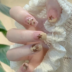 Faux Ongles Chien Mignon Press On Ongles Courts Ronds Motif Vache Étoile Brun Crème Style Doux Pour Femmes