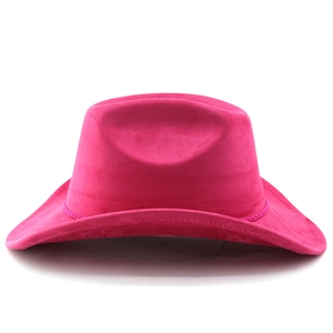 Close-up of rose pink suede cowboy hat with braided tassel trim and wide brim detail