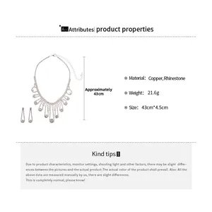 Detail view of silver tiered rhinestone tassel necklace and earrings set dimensions