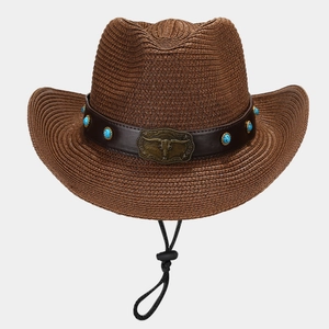 Brown woven western cowboy straw hat with bull skull metal buckle and turquoise leather band
