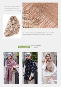 Detailed views of houndstooth scarf with fringe showing pink black and beige options