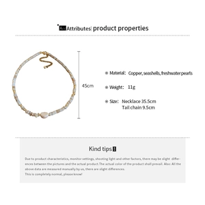 Detail showing brass shell and freshwater pearl necklace dimensions with 45cm total length