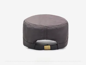 Rear view of quick-dry flat top cap with adjustable bronze metal buckle and mesh strap