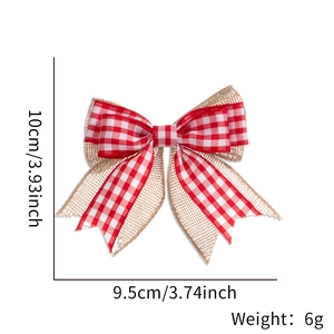 Detailed view of burlap buffalo plaid Christmas bow measuring 10cm x 9.5cm and weighing 6g
