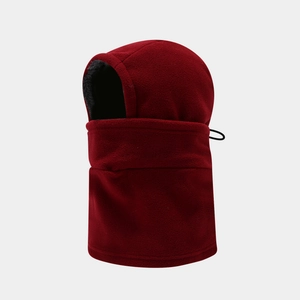 Close-up of wine red fleece neck warmer with soft black faux fur lining and drawstring