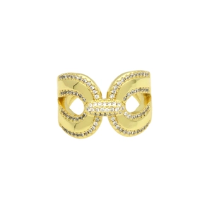 Detail of 18k gold plated knot ring with sparkling clear zircon stones on white background
