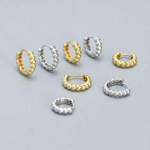925 Sterling Silver Beaded Hoop Earrings Bubble Texture Huggie Minimalist Jewelry For Women