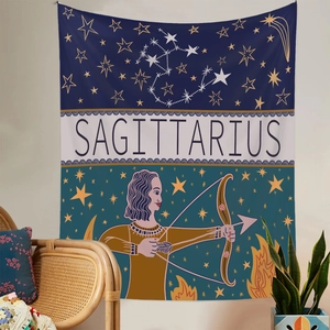 Detail of Sagittarius tapestry hanging on a white wall in a cozy indoor room setting