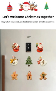 Detail of Christmas fridge magnets featuring 3D Santa, snowmen, and gingerbread men