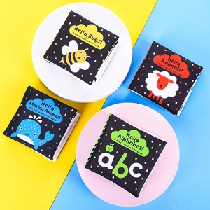Set of 4 high-contrast black and white baby cloth books with animal and alphabet themes