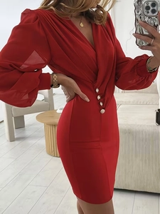 Elegant red V-neck fitted dress with long lantern sleeves and side button details