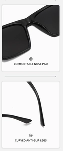 Detail view of comfortable nose pads and curved anti-slip legs on black sunglasses