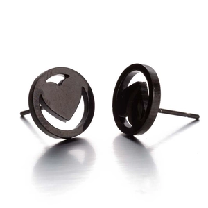 Minimalist black stainless steel circular stud earrings with hollow heart cut-out design