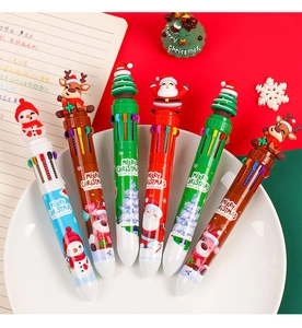 Close-up of 10-in-1 Christmas pens with 3D silicone Santa, reindeer, and snowman toppers