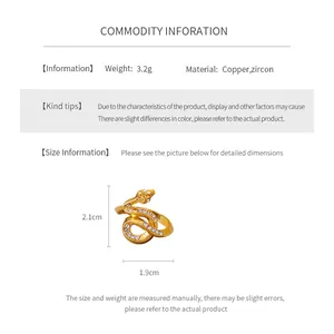Detailed size chart for snake ring showing dimensions 2.1cm by 1.9cm and 3.2g weight