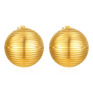 Polished 18K gold hollow sphere earrings with textured wave patterns and metallic luster