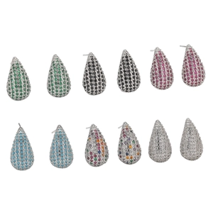 Water-drop stud earrings with colorful cubic zirconia stones in a silver copper setting