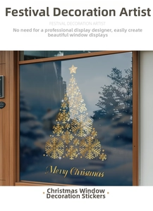 Detail of golden snowflake Christmas tree window sticker with Merry Christmas text