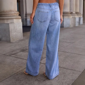 Pantalones vaqueros de talle alto y pierna ancha azul claro con cordón para mujer