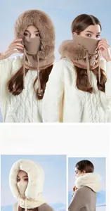 Winter knitted hat with integrated mask, thick faux fur trim, and adjustable straps