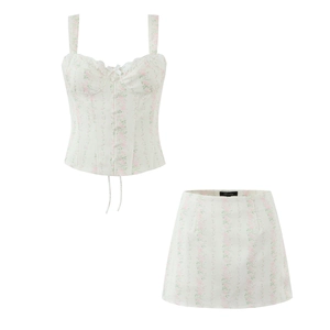 Haut Corset Bustier Sans Manches Imprimé Fleuri Doux Français Et Mini Jupe Taille Haute Vêtements D'Été Chic En Polyester