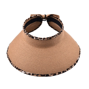 Women's straw open top sun visor with leopard print trim and back bow decoration