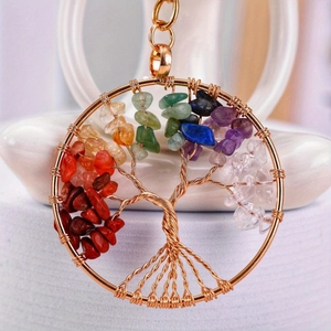 Handmade tree of life keychain with colorful tumbled stones and golden wire wrapping