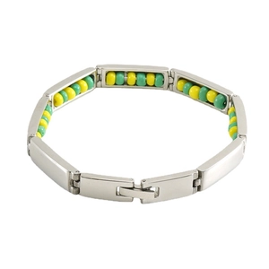 18K stainless steel beaded bracelet featuring yellow and green beads on a silver frame