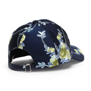 Navy blue baseball cap with floral embroidery and silver metal buckle shown from back angle