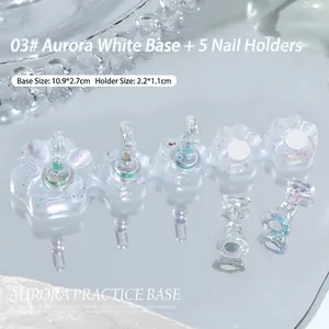 Detail of aurora cat claw nail practice stand with five magnetic tips and size specs