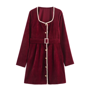 Wine Red Chenille Mini Dress Square Neck Long Sleeve With Faux Artificial Pearl Buckle Belt Single Breasted Pleated Hem For Women