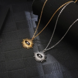 Vintage evil eye sun pendant necklace in gold and silver titanium steel for men and women