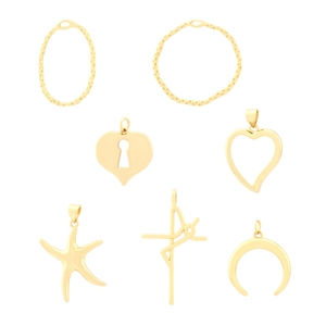 Golden minimalist charms including heart, starfish and moon pendants for jewelry making