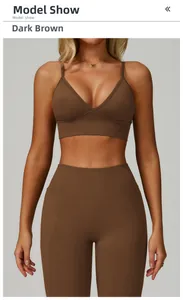 Close-up of deep coffee seamless ribbed yoga bra and matching high-waisted leggings
