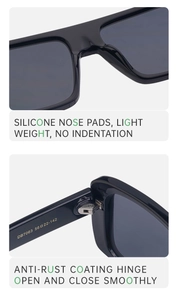 Détails des plaquettes de nez en silicone et charnières métalliques des lunettes carrées