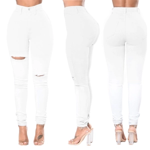 Women White High Waist Ripped Skinny Jeans High Stretch Distressed Slim Fit Denim Pants Elegant Streetwear