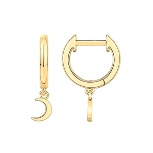 Detailed view of gold hoop earrings featuring polished crescent moon pendants on white background