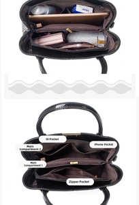 Detailed interior of black crocodile bag showing multi-compartment storage and brown lining