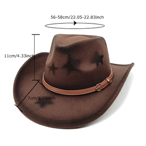 Chapeau de cowboy marron foncé avec étoiles noires, bandeau et mesures de taille
