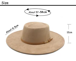 Size guide for khaki fedora hat showing 58cm circumference and 9.5cm brim measurements